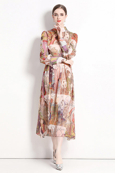 Runway Fashion Drop-Dead Gorgeous Abstract Print, Stand Collar, Long Sleeve Vintage A-Line Party, Cocktail Maxi Dress